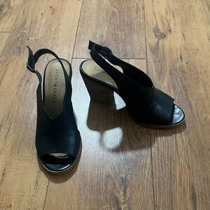 Lucky Brand Black Peep Toe Slingback Block Heel Sandals